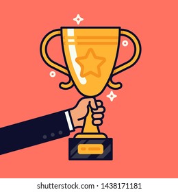 Vector concept design on success and business goals in trendy colourful flat style. Winner prize goblet. First place champion trophy reward