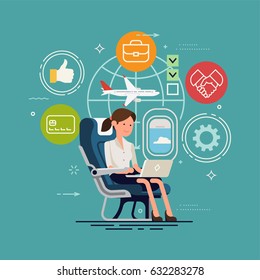 Vector concept design on woman working online using inflight WiFi. Flier traveler using onboard internet provided by airline. Lady using laptop in cabin seat while traveling by airplane illustration