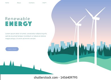 Vector concept design of a website page, simple geometric flat landscape with wind turbines, hills and trees, distant city skyline. Illustration of positive impact of renewable energy at environment