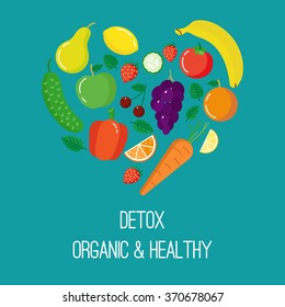 Vector concept of detox logotype in trendy flat style. Fruits and vegetables in heart shape.