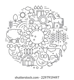 Vector concept with different agricultural symbols arranged in a circle. Organic products flyer.