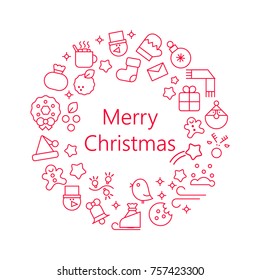 Vector concept with different Christmas and new year celebration elements. Christmas line icon set arrange in circle frame. Vector illustration for postcards, calendars, posters, prints, banners.