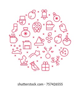 Vector concept with different Christmas and new year celebration elements. Christmas line icon set arrange in circle. Vector illustration for postcards, calendars, posters, prints, banners.