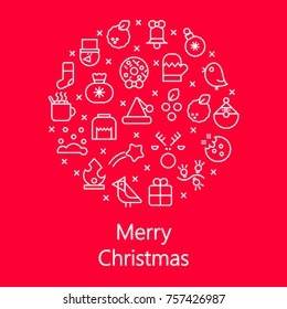 Vector concept with different Christmas and new year celebration elements on red background. Christmas line icon set arrange in circle frame. Vector illustration for postcard, calendar, banner.