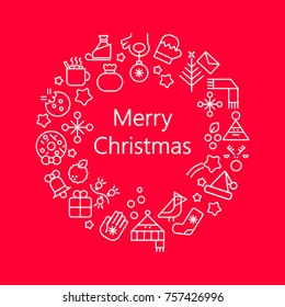 Vector concept with different Christmas and new year celebration elements on red background. Christmas line icon set arrange in circle frame. Vector illustration for postcard, calendar, banner.