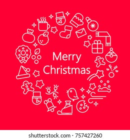 Vector concept with different Christmas and new year celebration elements on red background. Christmas line icon set arrange in circle frame. Vector illustration for postcard, calendar, banner.