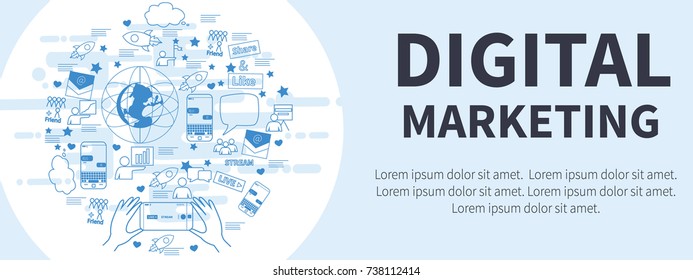 Vector concept with different digital marketing elements. Vector template. Suitable for infographics, presentation or advertising. illustration for t-shirts, banners, flyers and other business design.