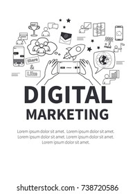 Vector concept with different digital marketing elements. Vector template. Suitable for infographics, presentation or advertising. illustration for t-shirts, banners, flyers and other business design.