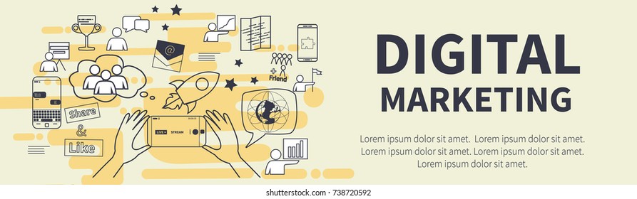 Vector concept with different digital marketing elements. Vector template. Suitable for infographics, presentation or advertising. illustration for t-shirts, banners, flyers and other business design.