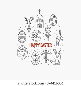 Vector concept with different Easter celebration elements. Clean and easy to edit. Vector  illustration in mono line style for  banners, flayers and other types of business design.