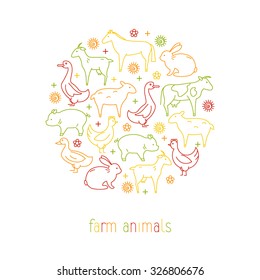 Vector concept with different kinds of farm animals arranged in a circle in line style.  Icons of animals banner or flyer.