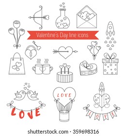  Vector concept with different Valentines Day elements. Modern and clean vector line icons. Perfect illustration for t-shirts, banners, flyers and other types of business design.