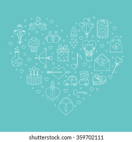  Vector concept with different Valentines Day elements. Modern and clean vector line icons. Perfect illustration for t-shirts, banners, flyers and other types of business design.
