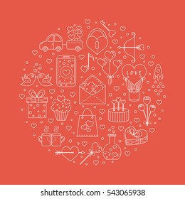 Vector concept with different Valentines Day elements. Modern and clean vector line icons. Perfect illustration for t-shirts, banners, flyers and other types of business design.