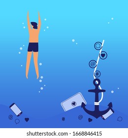 Vector concept of digital detox. The man swims and leaves her laptop and smartphone at the bottom of the sea . Freedom from gadgets