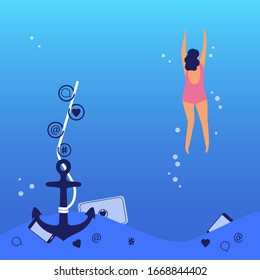 Konzept der Vektorillustration der digitalen Entgiftung. Das Mädchen schwimmt und lässt seinen Laptop und Smartphone am Meeresboden liegen. Die Idee, Gadgets, Geräte, das Internet und soziale Netzwerke aufzugeben.
