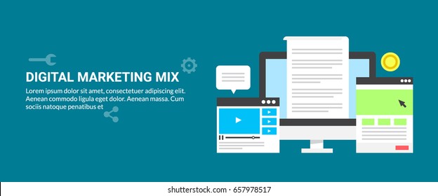 Concepto de Vector Video de marketing digital mezcla incluyendo contenido, $, pago por Hacer clic, estrategia de marketing en redes sociales Anuncio plano