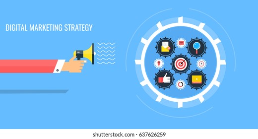 Concepto vectorial de estrategia de marketing digital, publicidad en línea y promoción de Internet aislado en un fondo azul