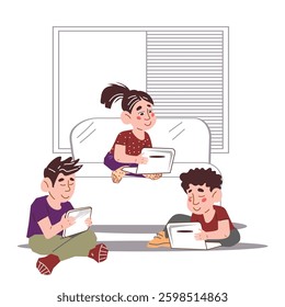 Vector concept of digital natives. Generation of the digital age, alpha generation children with mobile electronic devices, flat vector illustration isolated on white background.