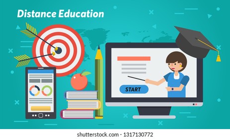 Vector concept of distance education, online webinar or e-learning. Woman on computer monitor with different web elements for education in flat style