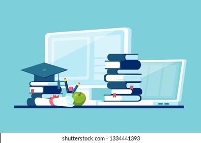 Vector concept for distance education, online learning with pile of book; computer; diploma and graduation cap