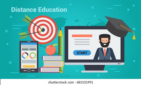 Vector concept distance education. Online teacher on computer monitor, mobile, books, student cap and goal target with arrows. Horizontal banner for e-learning, remote online training in flat style