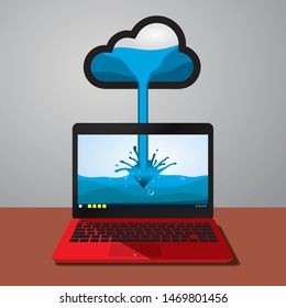 Vector concept of downloading process from cloud storage to computer with data illustrated by waterfall