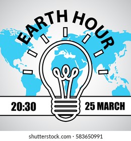 Vector concept for Earth Hour event. Green flat style design with world map and and lamp. Suitable for any design, website, background, flayer or banner.