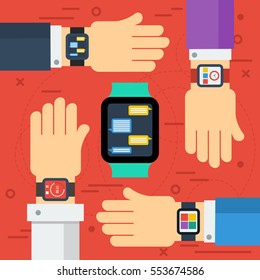 Vector Concept Ease Of Use Of Smart Watches And Advantages Of The New Devices. Four Hands With Clock On The Wrist With Different Applications On Monitors In Flat Style