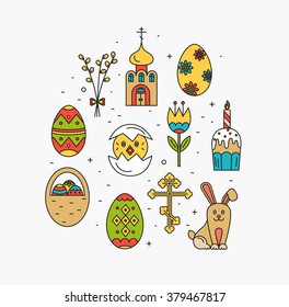 Vector concept of  Easter celebration elements. Clean and easy to edit Easter design. Vector illustration in mono line style for Easter  banners, flayers and other types of business design.