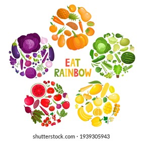 Vector concept - eat colors, violet fruit and vegetable in rounds