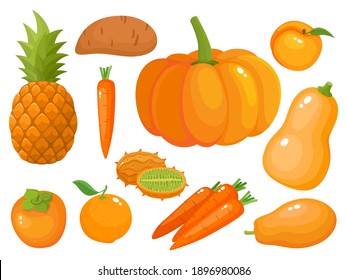 Vector concept - eat colors for your health - orange fruit and vegetables, food rainbow isolated on white. Vector illustration of fresh organic meal used for magazine, poster, menu cover, web pages.
