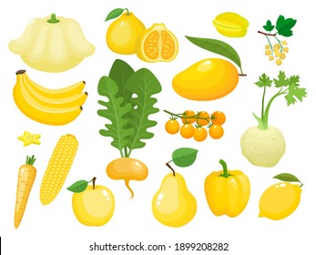Vector concept - eat colors for your health, yellow fruit and vegetable isolated on white. Vector illustration of fresh organic meal used for magazine, poster, menu cover, web pages.
