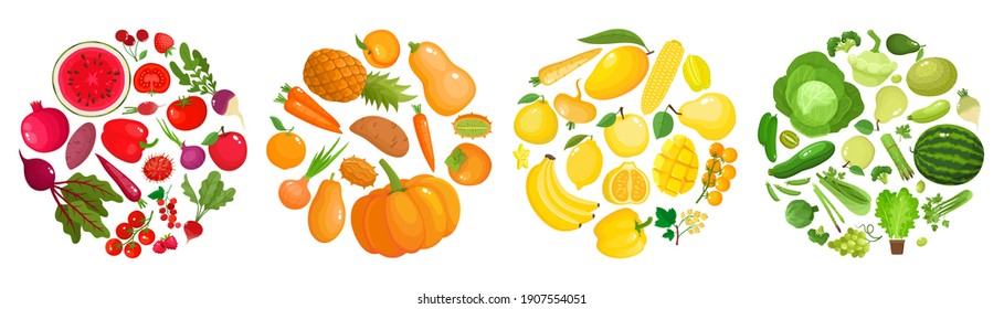 Vector concept - eat colors for your health, colorful rainbow fruit and vegetable isolated on white. Vector illustration of fresh organic meal used for magazine, poster, menu cover, web pages.