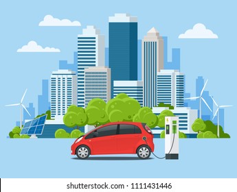 Vector concept eco-city and suburban life. Electric car charging at the charger station. Electromobility e-motion. Urban landscape.