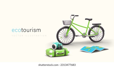 Vector concept of ecotourism. 3D bicycle, camera, map, suitcase. Cycling, active leisure. Green transport. Caring for your health and environment. Poster with space for text