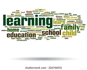 Vector concept education abstract word cloud, white background, metaphor to child, family, school, life, learn, knowledge, home, study, teach, educational, achievement, childhood or teen