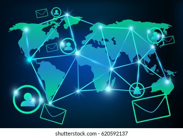 Vector concept email marketing communications in world map