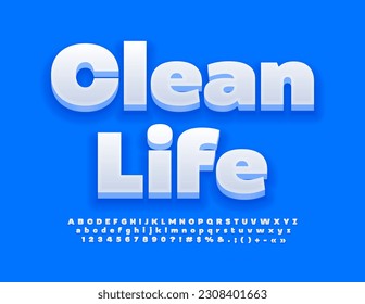emblema del concepto de vector Vida limpia. Fuente 3D blanca. Conjunto de letras, números y símbolos de alfabeto elegante
