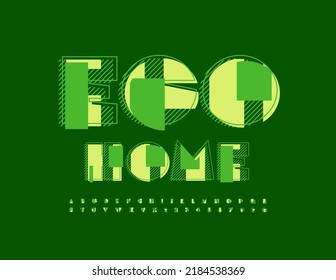 Vector concept emblem Eco Home. Green print Font. Abstract style Alphabet letters and Numbers set