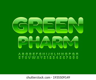 Vector concept emblem Green Pharm. Glossy bright Font. Shiny Alphabet Letters and Numbers set