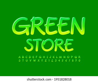 Vector concept emblem Green Store. Artistic style Font. Gradient color Alphabet Letters and Numbers