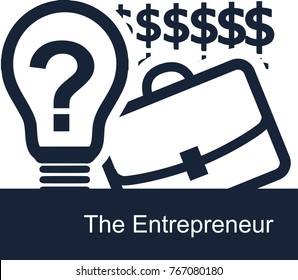 Vector concept of the entrepreneur on white background. A light bulb is a symbol of clear good ideas, a office case is a symbol of doing business and dollars on the backdrop as motivation