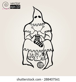 vector concept 'Executioner knitting' for poster, t-shirt or card. it can also be used as an illustration to the heading "hobby." cartoon style
