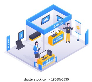 Vector concept of the exhibition stand in isometric view. A girl in a business suit and a man represent technologies in the field of games and multi-platform. Can be used for websites and web banners.