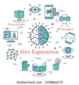 Vector concept of experience in virtual reality diving. Linear icon of human brain getting emotions or impressions. Innovations technology in outline colored style