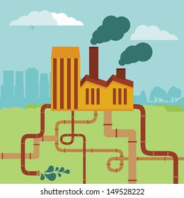 Vector concept - factory building and landscape - air and soil pollution