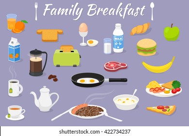 Vector concept family breakfast - illustration with fresh food and drinks. Vector icons set. 