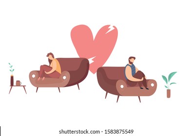 Vector concept of family conflict or relationship problem. Broken marriage. Conflicts between husband and wife. Breaking up people. Family quarrel 