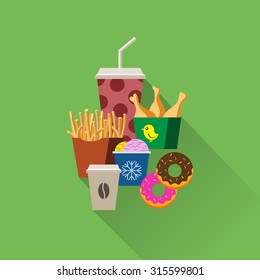 Vector concept fast food flat set. Fast food flayer, poster. Coffee, cocktail, soft drink, french fries, roast chicken, ice cream and donut. 